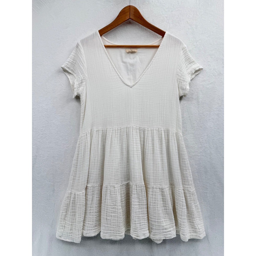 Rip Curl White Cotton Gauze Tiered Babydoll Dress S Boho V-Neck Mini Beachside